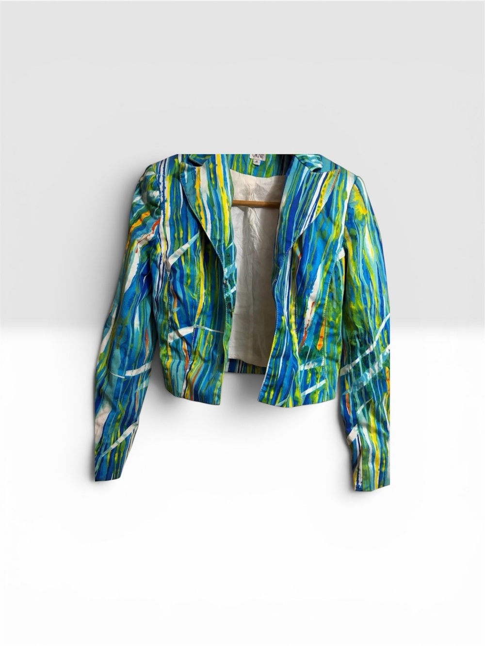 Cache Cropped Abstract Stripe Blue-Green Sz 4 Women's Jacket